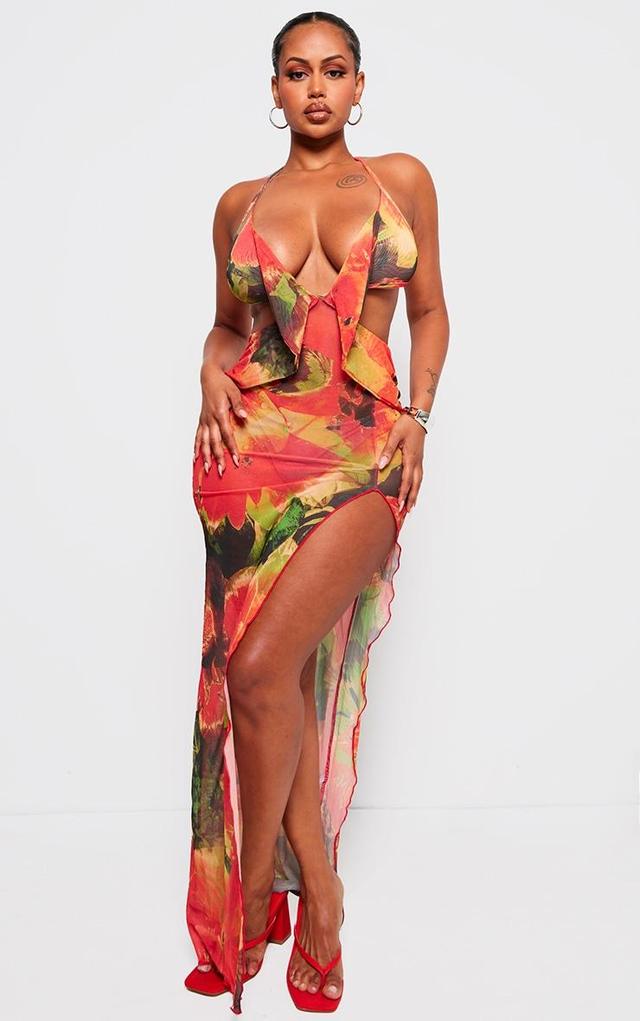 Shape Multi Printed Mesh Knot Cut Out Maxi Dress Product Image