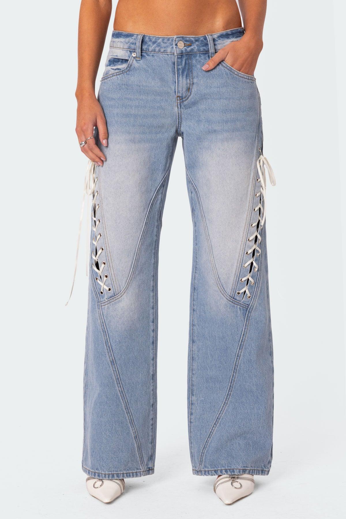 Low Rise Ribbon Lace Up Jeans Product Image