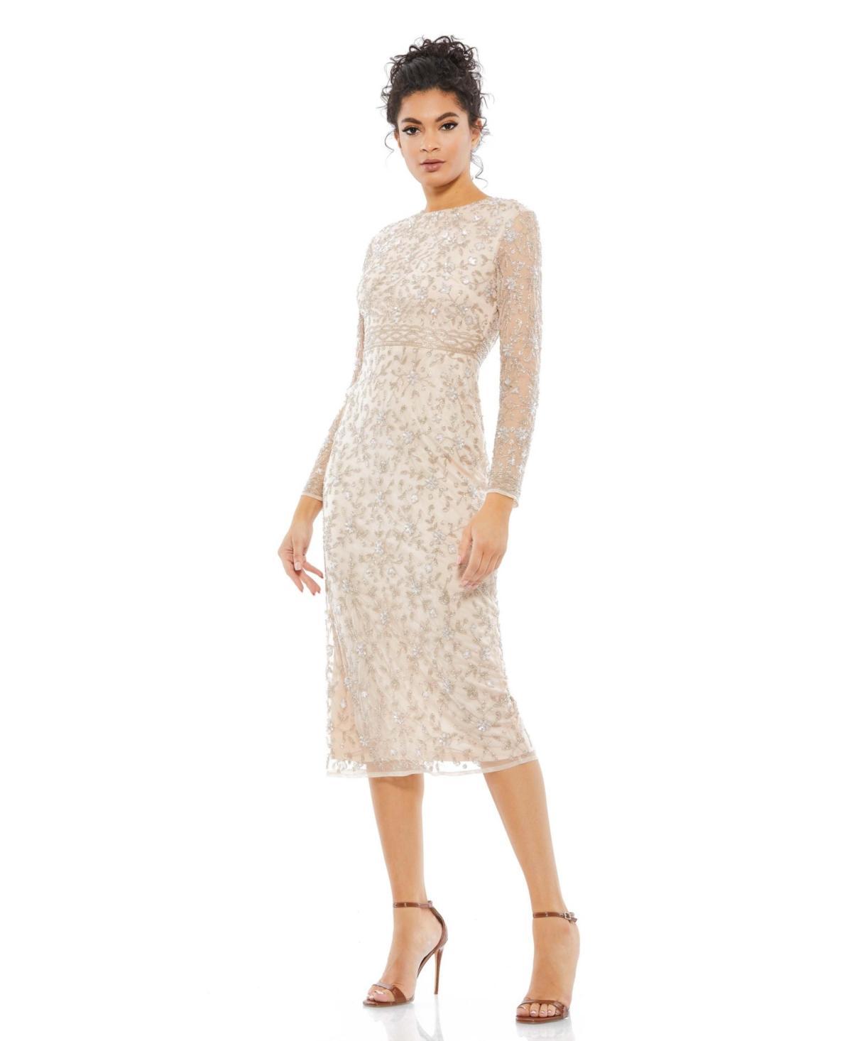 Womens Floral Beaded Long Sleeve Sheath Dress Product Image