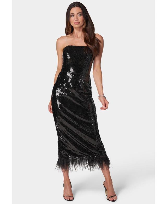 Bebe Womens Feather and Sequin Strapless Midi Dress Product Image