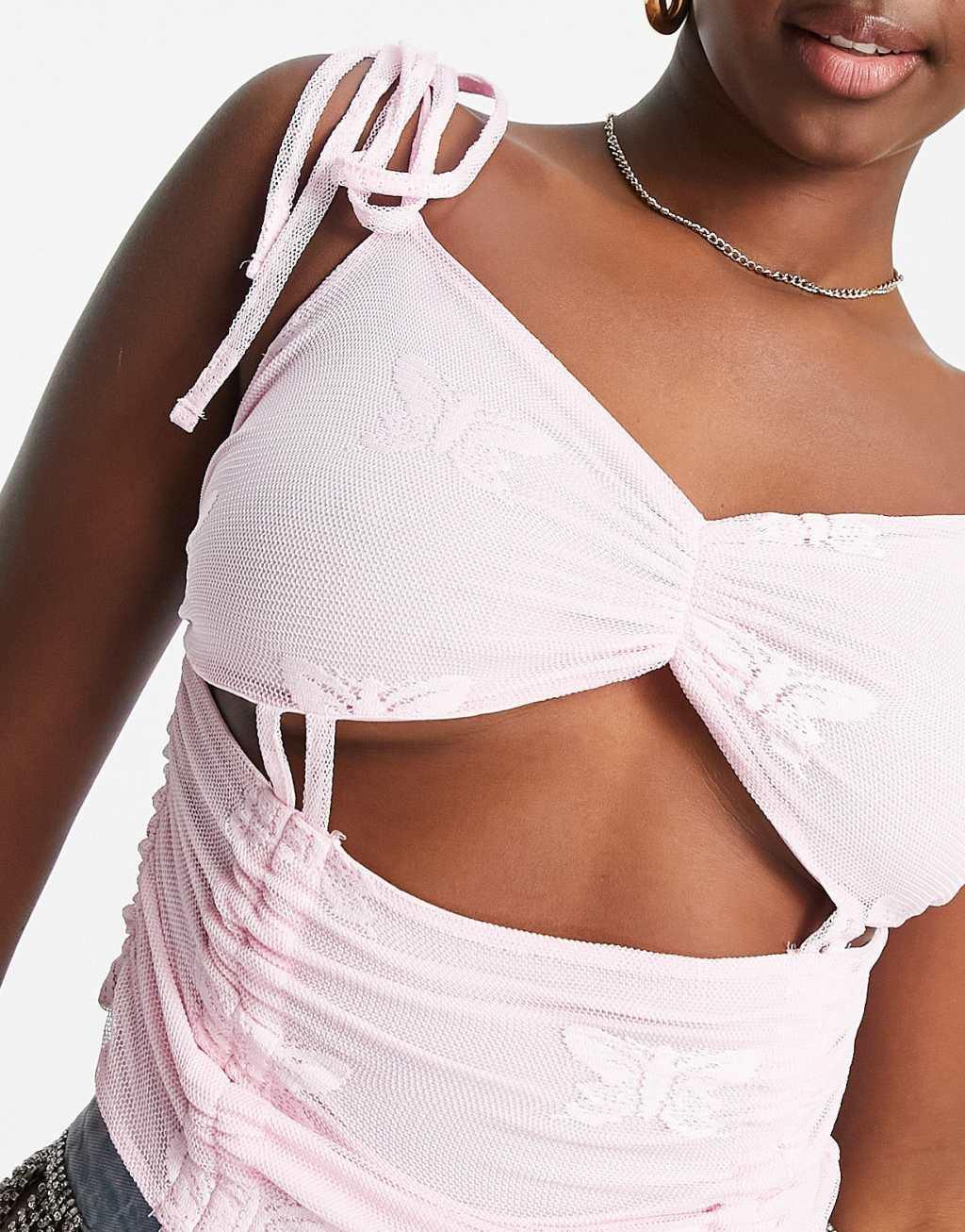 ASYOU butterfly printed mesh cut out cami in pink - part of a set Product Image