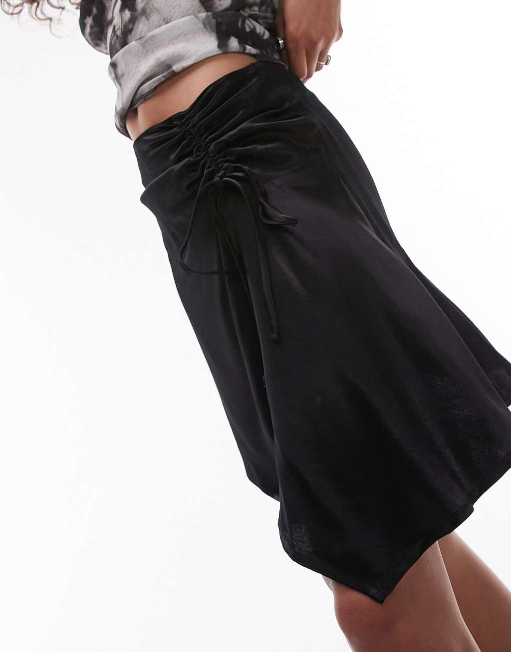 Topshop ruched side mini skirt in black Product Image