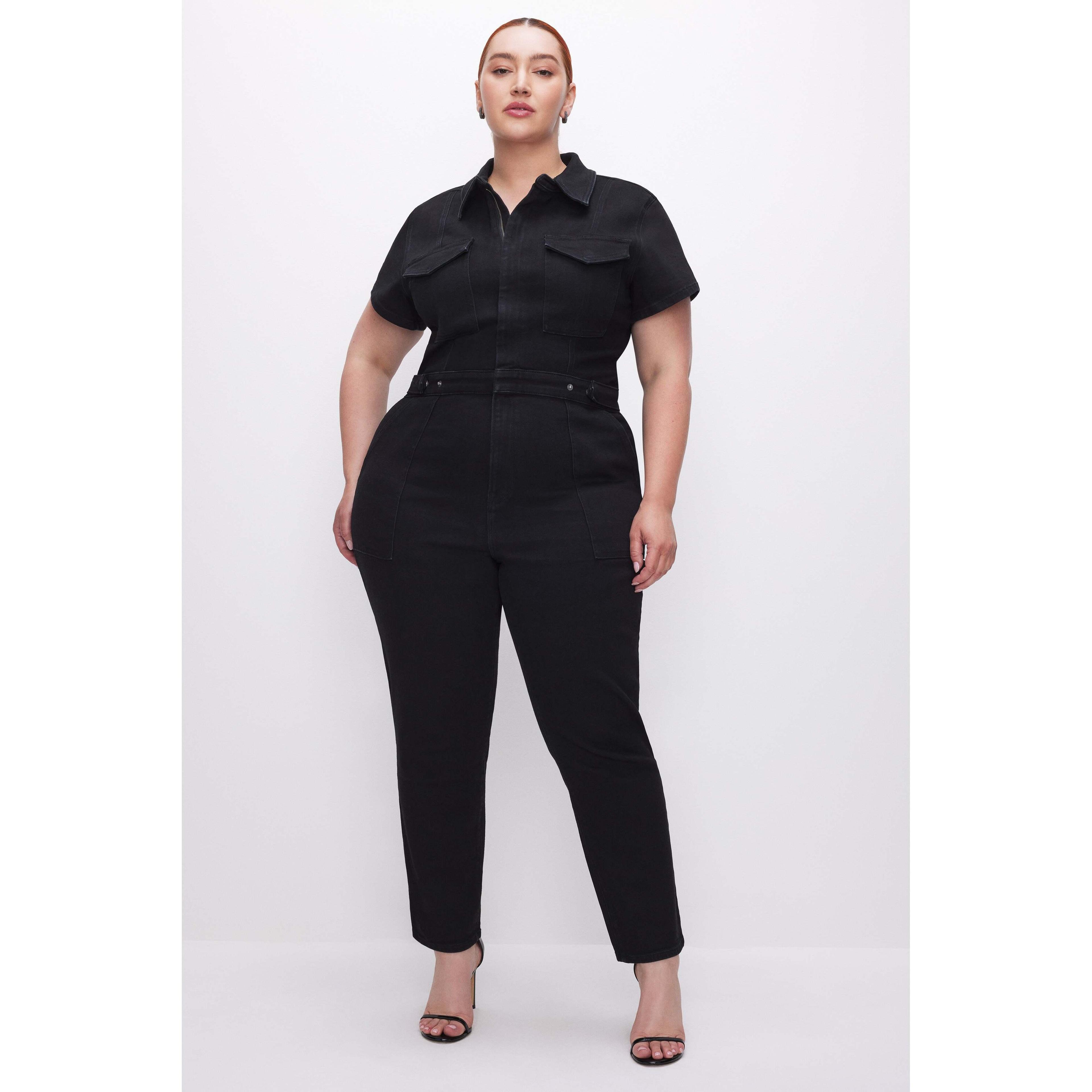 Womens Fit For Success Denim Jumpsuit | Black, | Hidden Front Zipper Closure, Breast Pockets Size Large | Good American by Khlo Product Image