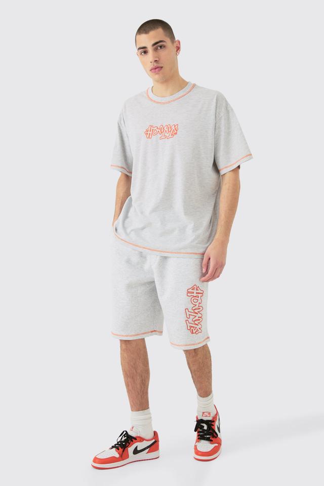 Mens Grey Oversized Contrast Stitch Applique T-shirt & Short Set, Grey Product Image