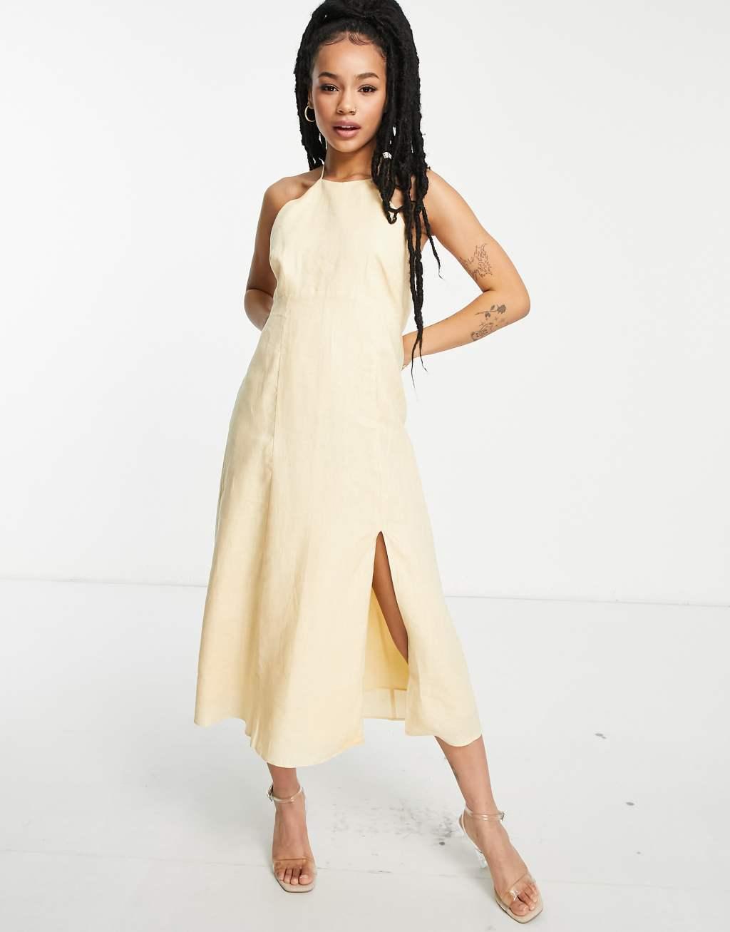 Ever New Petite tie back halter split dress in yellow Product Image