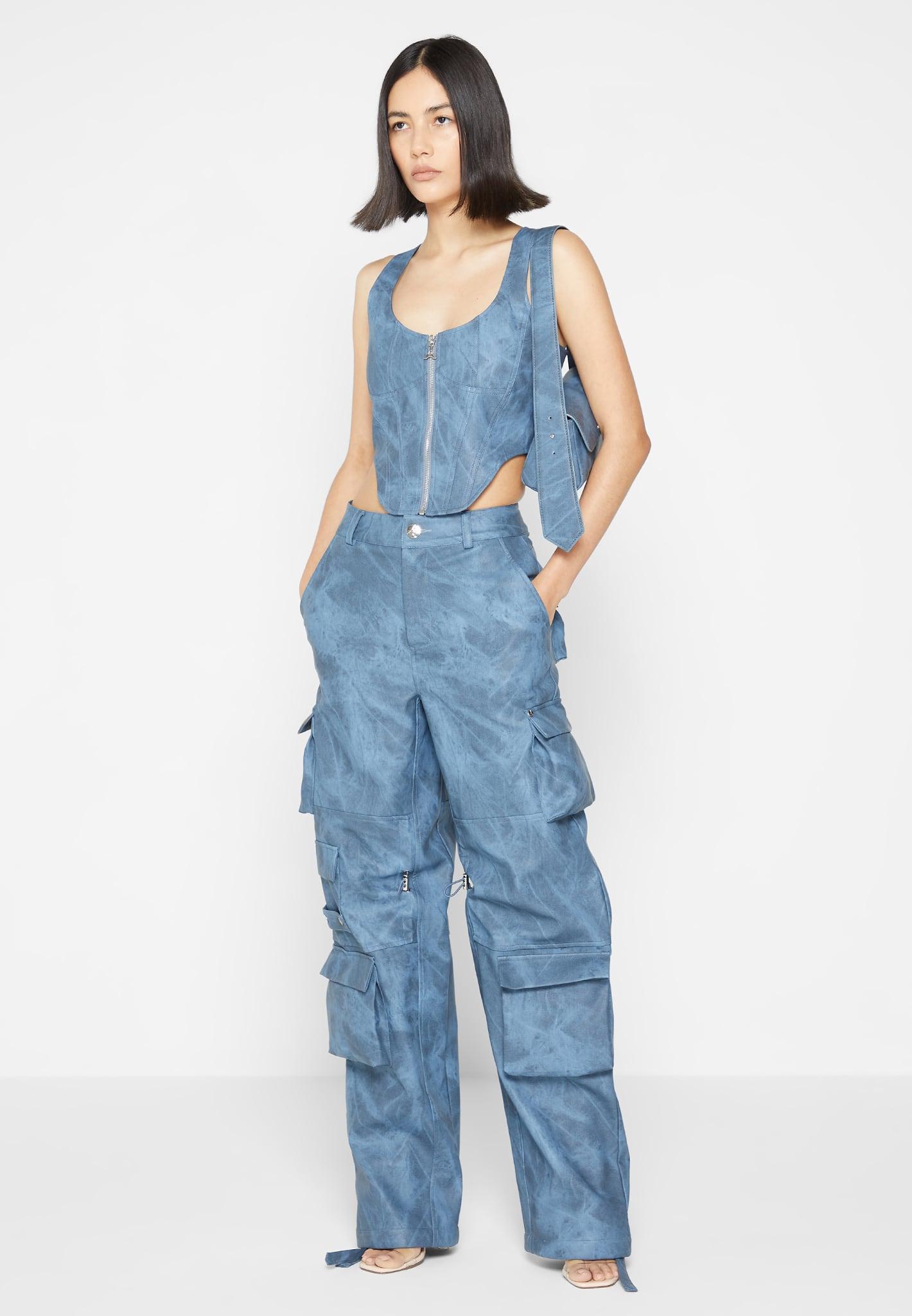 High Waisted Vintage Marble Leather Cargo Pants - Washed Blue Female Product Image