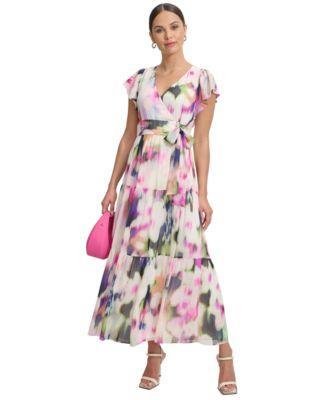 Women's Chiffon Flutter-Sleeve Tie-Waist Dress  Product Image