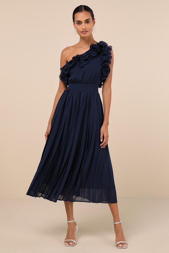 Splendid Charisma Navy Ruffled Pleated One-Shoulder Midi Dress Product Image