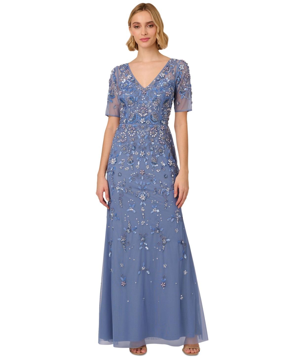 Women's V-Neck Beaded Short-Sleeve Mesh Gown Product Image