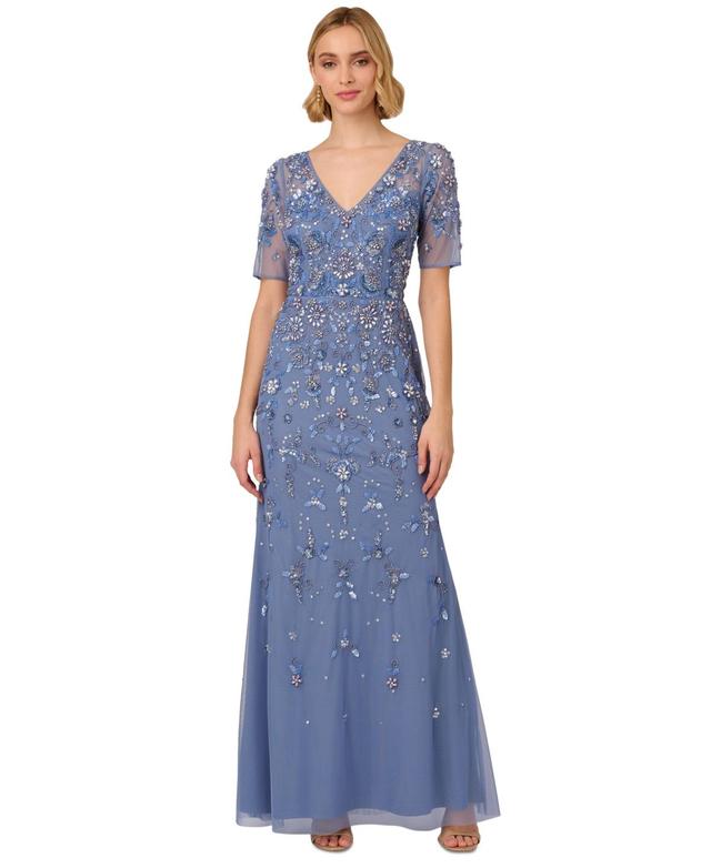 Adrianna Papell Womens V-Neck Beaded Short-Sleeve Mesh Gown Product Image