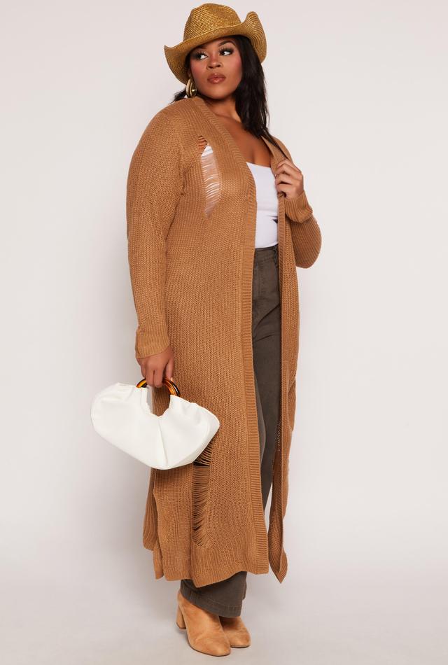 Womens Plus Size Solid Distressed Long Cardigan Product Image