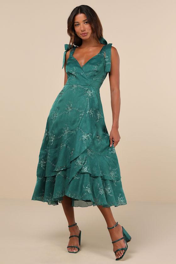 Elegant Direction Green Embroidered Ruffled Tie-Strap Midi Dress product image