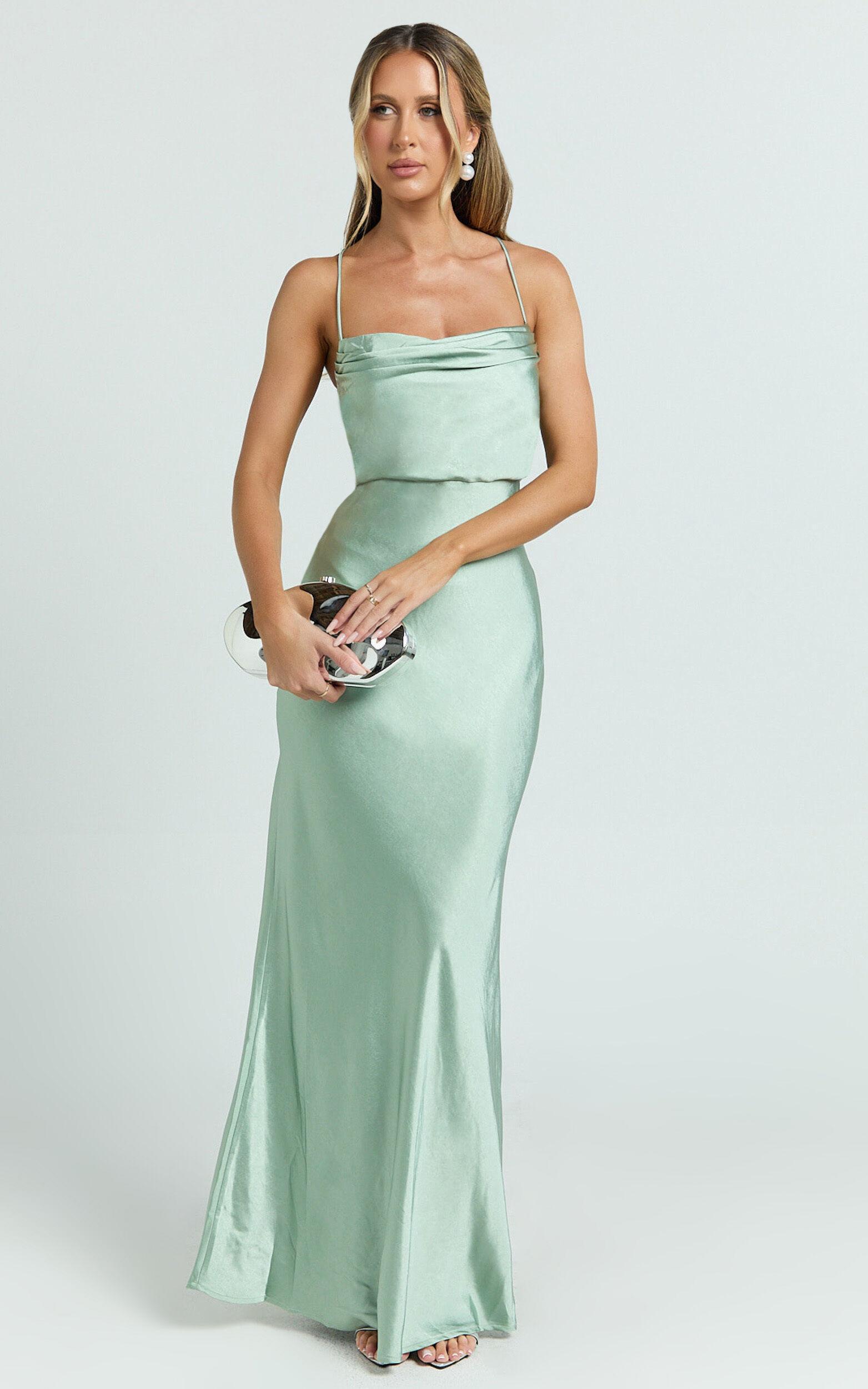 Hanna Maxi Dress - Satin Cowl Neck Low Back Dress in Sage Product Image