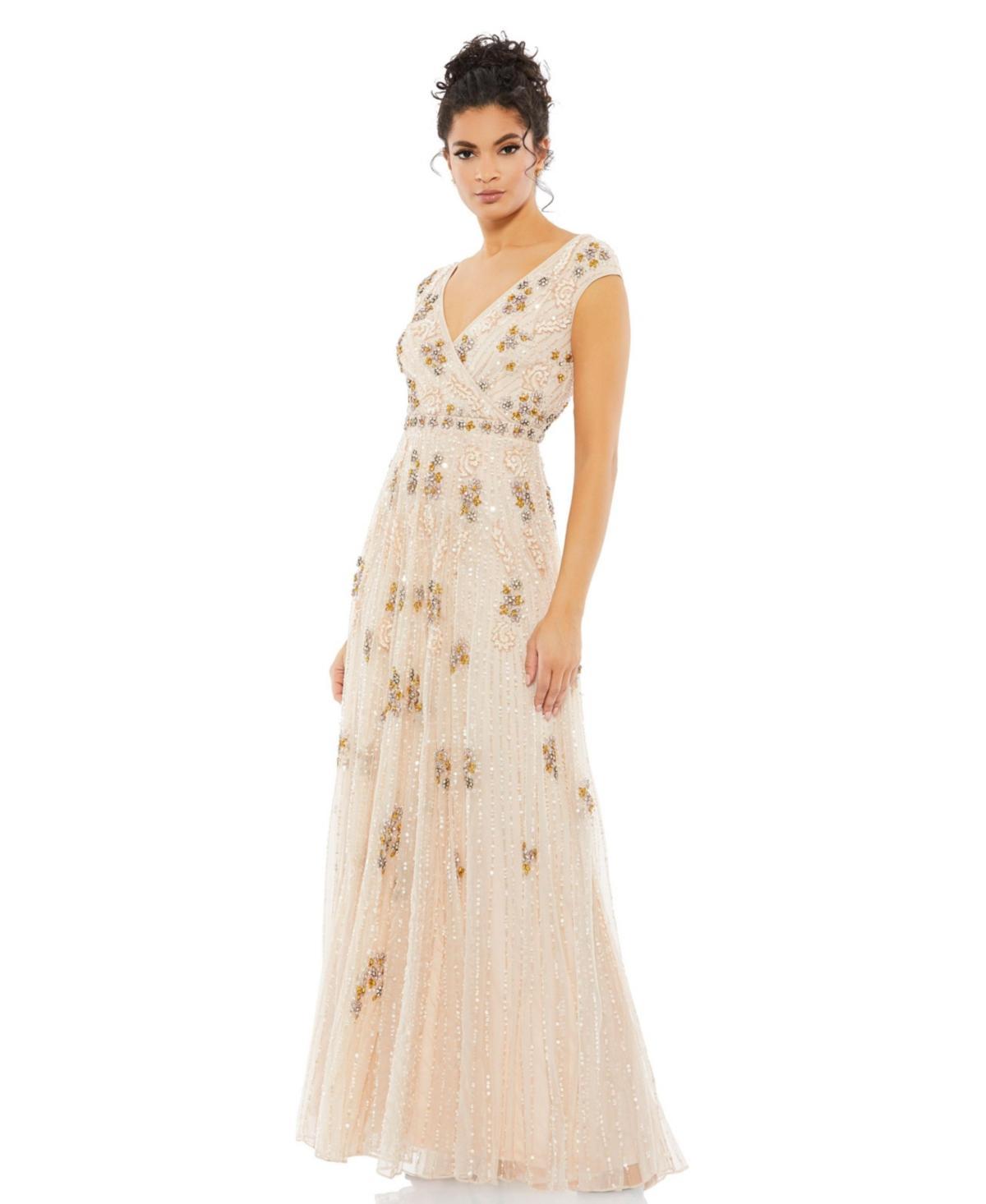 Womens Embellished Wrap Over Cap Sleeve A-Line Gown Product Image