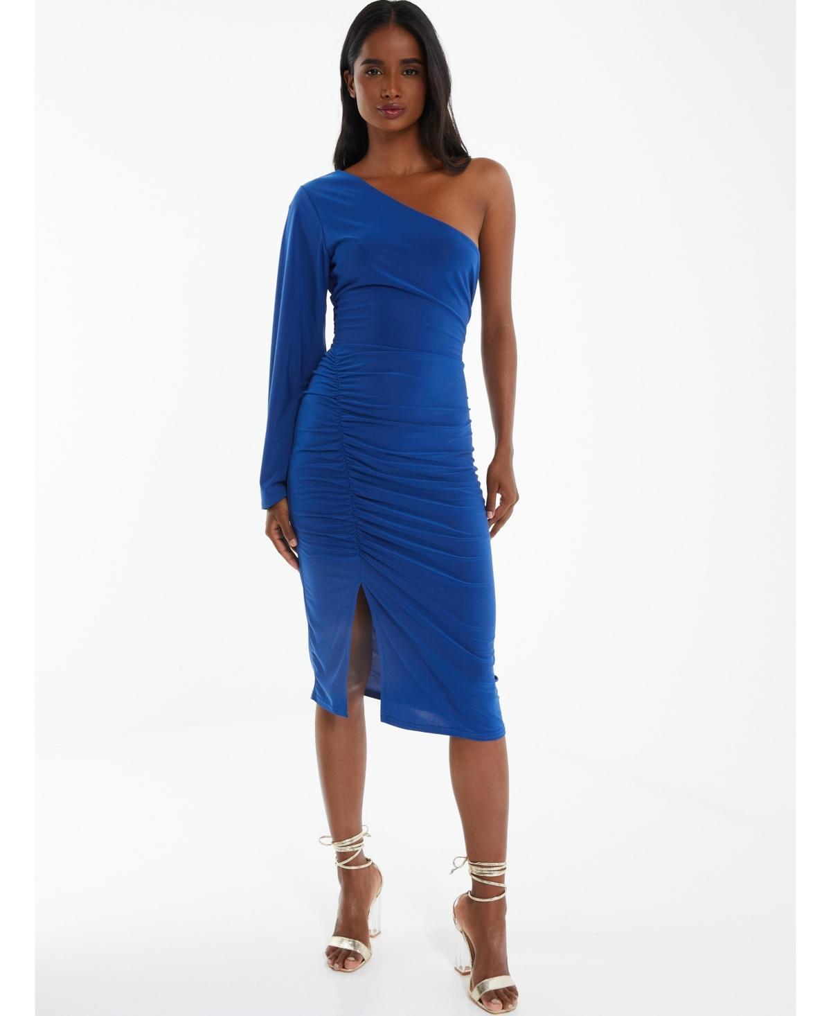 Quiz Womens Royal Blue One Shoulder Ruched Dress Product Image