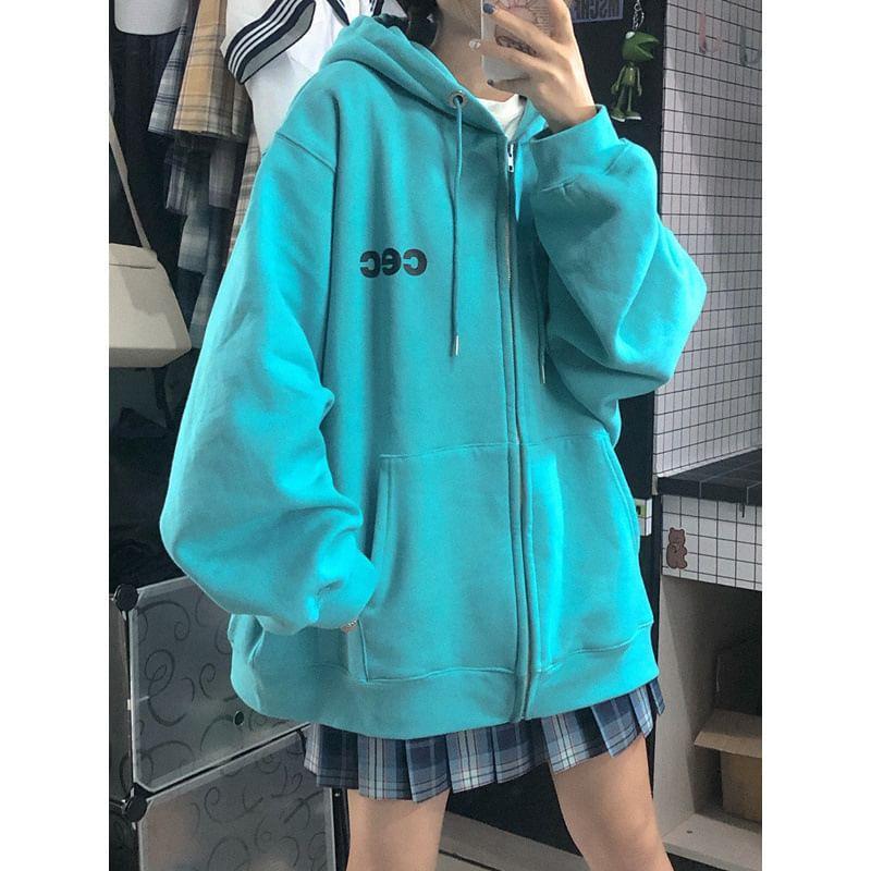 Lettering Drawstring Zip Hoodie Product Image