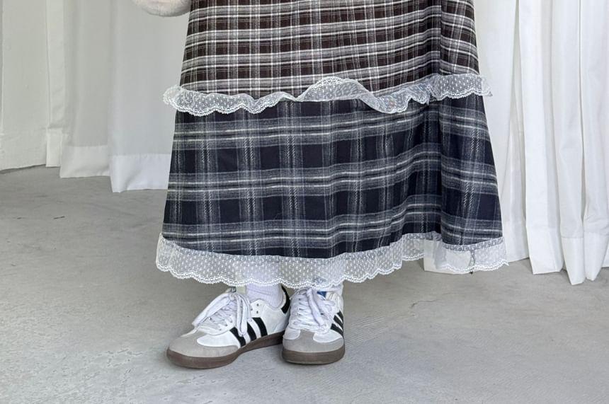 High Waist Plaid Maxi A-Line Tiered Skirt Product Image