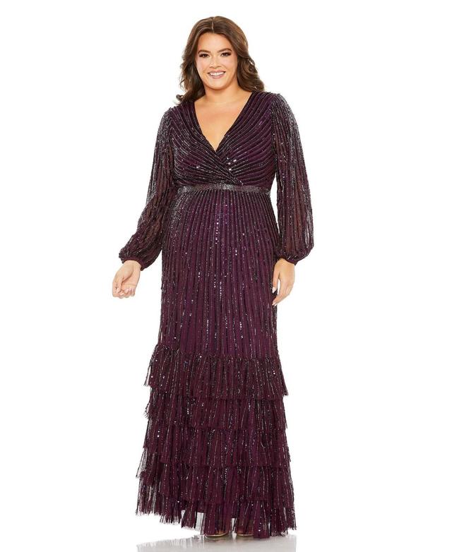 Mac Duggal Womens Plus Size Beaded Faux Wrap Puff Sleeve Ruffle Tiered Gown Product Image