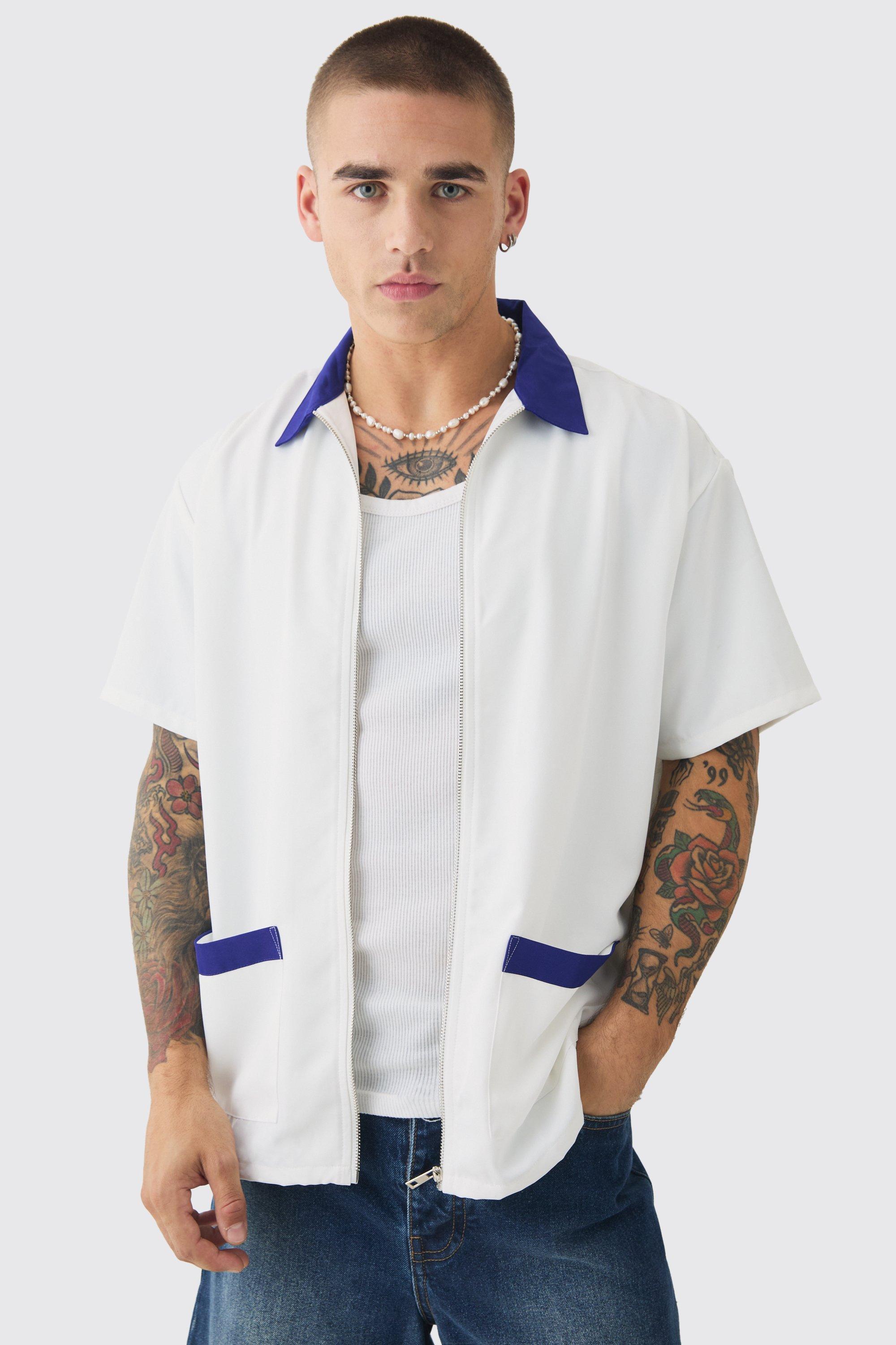 Oversized Soft Twill Contrast Pocket Bowling Shirt | boohooMAN USA Product Image