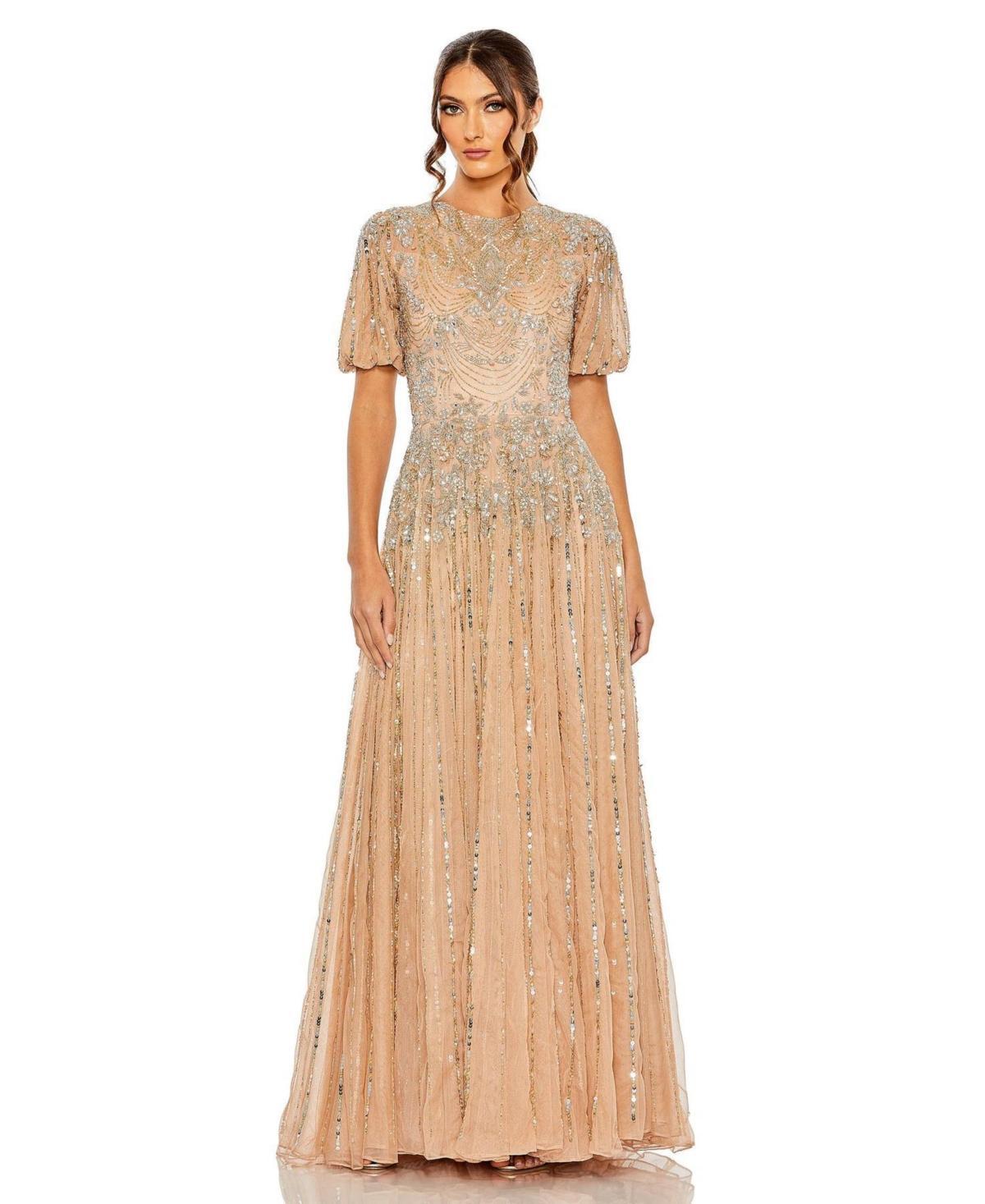 Womens Embellished Puff-Sleeve A-Line Gown Product Image