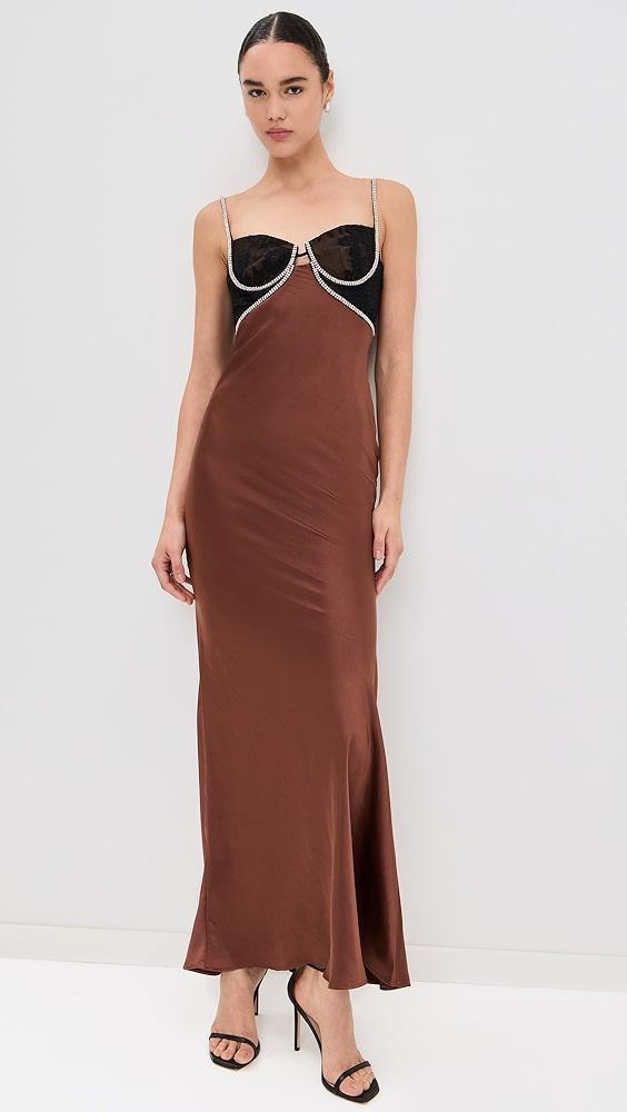 Self Portrait Brown Satin Diamante Maxi Dress | Shopbop Product Image