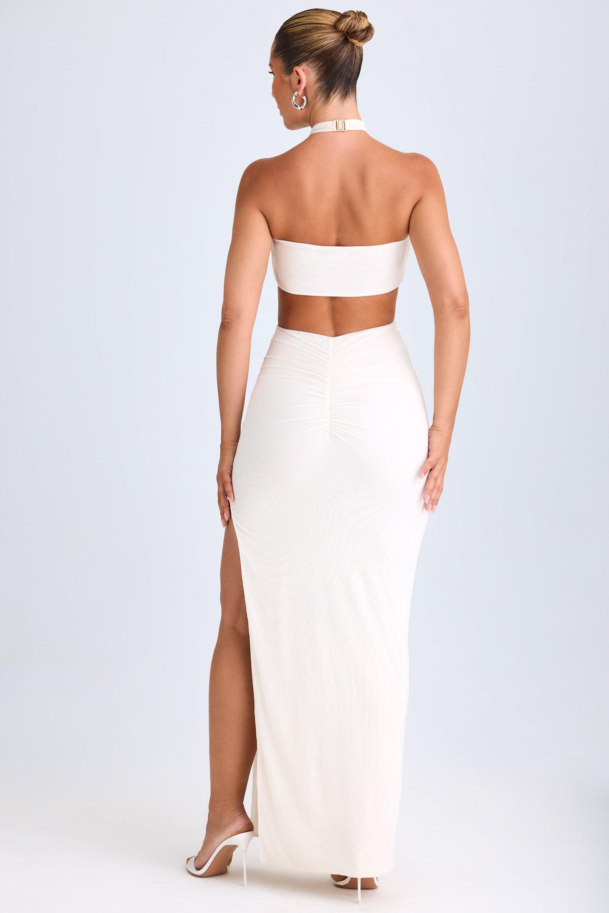 Cut-Out Ruched Halterneck Maxi Dress in White Product Image