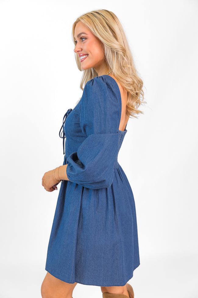 Up To Me Medium Wash Lace Up Detail Chambray Dress FINAL SALE Product Image