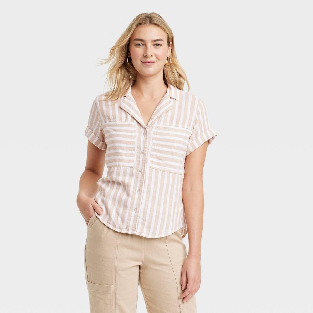 Womens Short Sleeve Collared Button-Down Shirt - Universal Thread Tan Striped XL Product Image