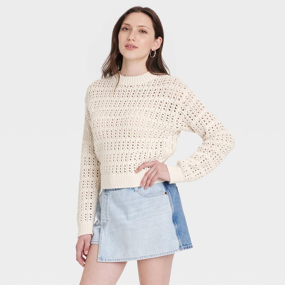 Womens Openwork Crewneck Pullover Sweater - Universal Thread Cream XL product image