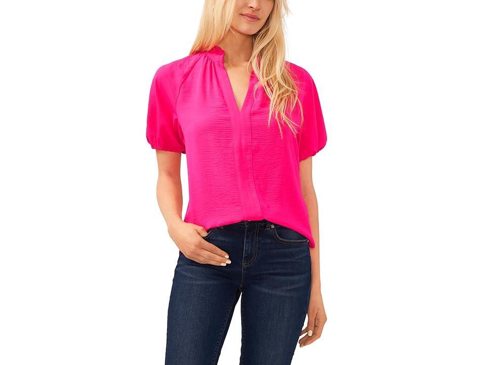 CeCe Drapey Gauze Ruffled Split V-Neck Short Puffed Sleeve Blouse Product Image