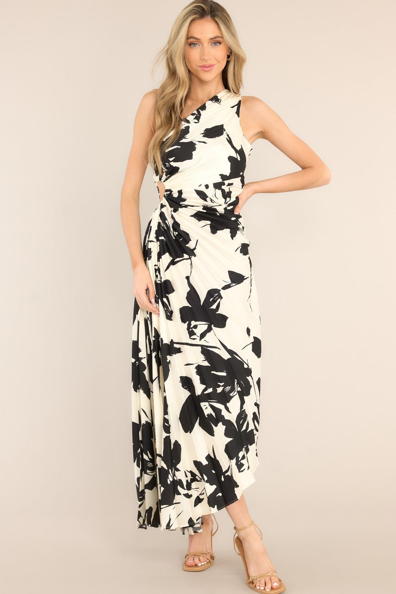 Timeless Ivory and Black Print Pleated Maxi Dress Product Image