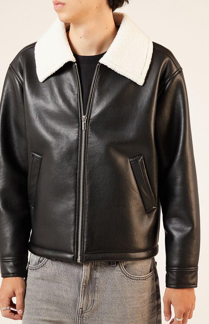 Men's Sherpa Collar Faux Leather Jacket Product Image