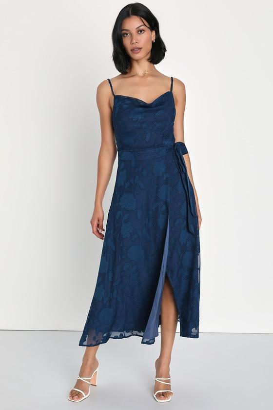 Dreamy Event Navy Blue Burnout Floral Faux Wrap Midi Dress product image