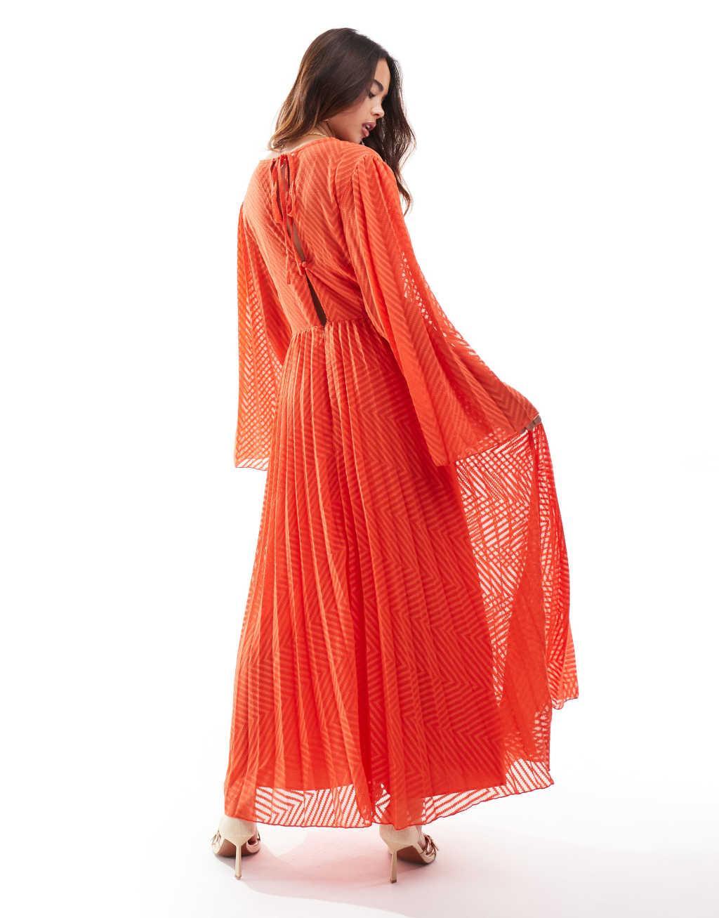 ASOS DESIGN tie back fluted sleeve pleated chevron chiffon midi dress in coral Product Image