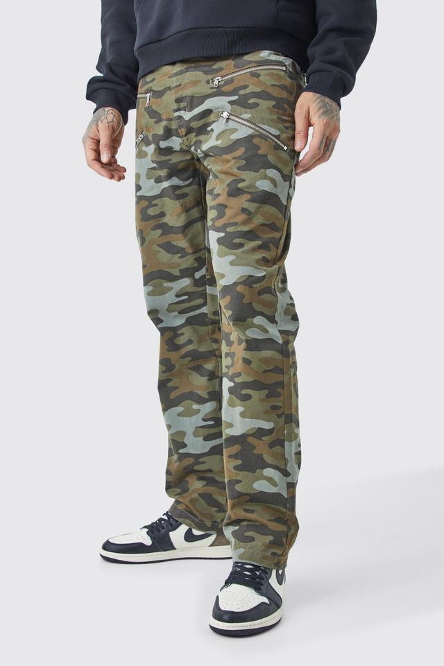 Tall Fixed Waist Straight Leg Twill Camo Zip Gusset Trouser | boohooMAN USA Product Image