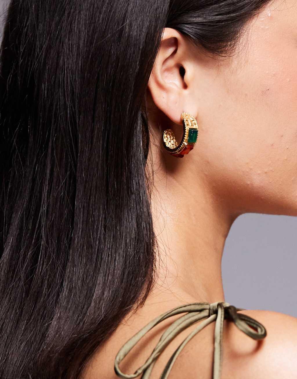 8 Other Reasons chunky hoop earrings with amber and green stone detail in 18k gold plated Product Image