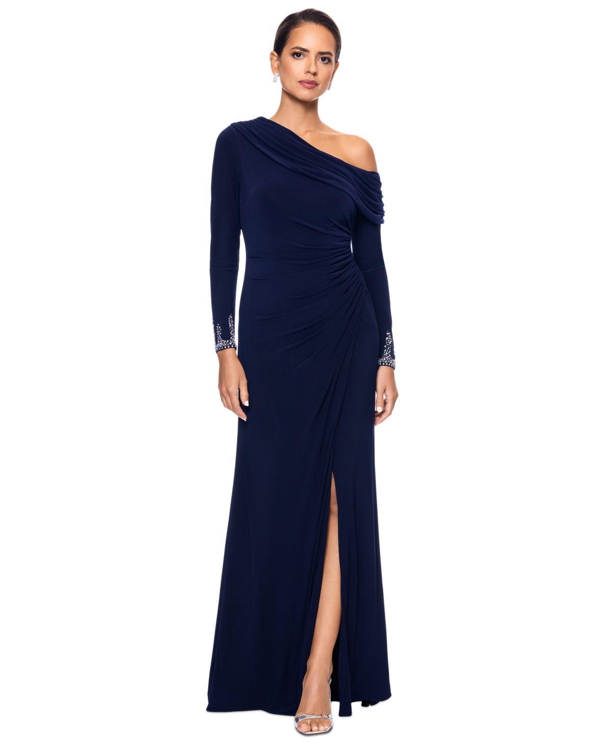 Betsy  Adam Stretch Off the Shoulder Long Sleeve Beaded Cuff Ruched Waist Gown Product Image