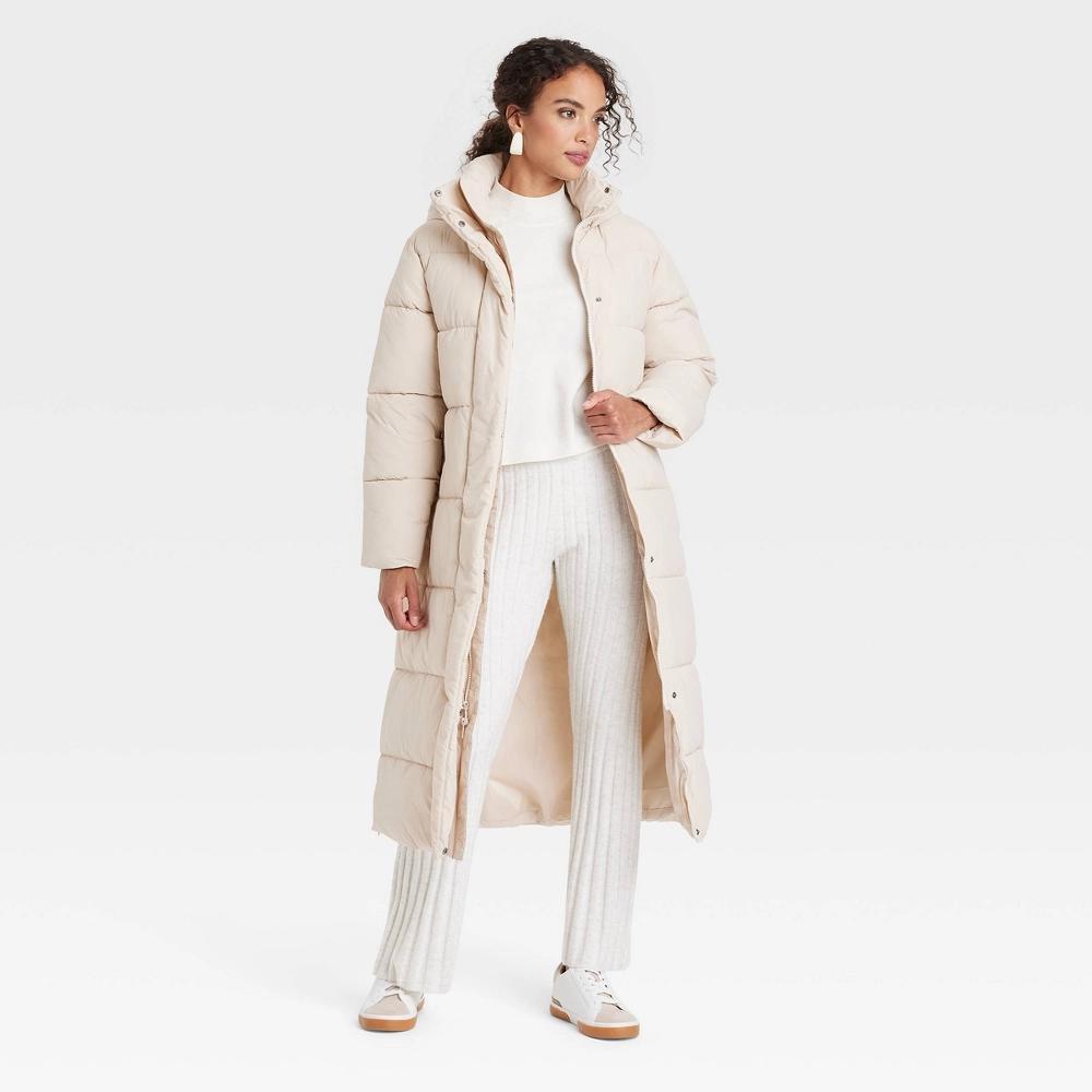 Women's Hooded Duvet Puffer Jacket - A New Day™ Cream XL Product Image