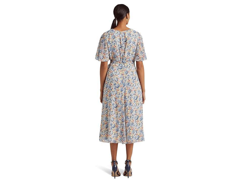 LAUREN Ralph Lauren Floral Belted Georgette Dress (Blue/Pink Multi) Women's Clothing Product Image