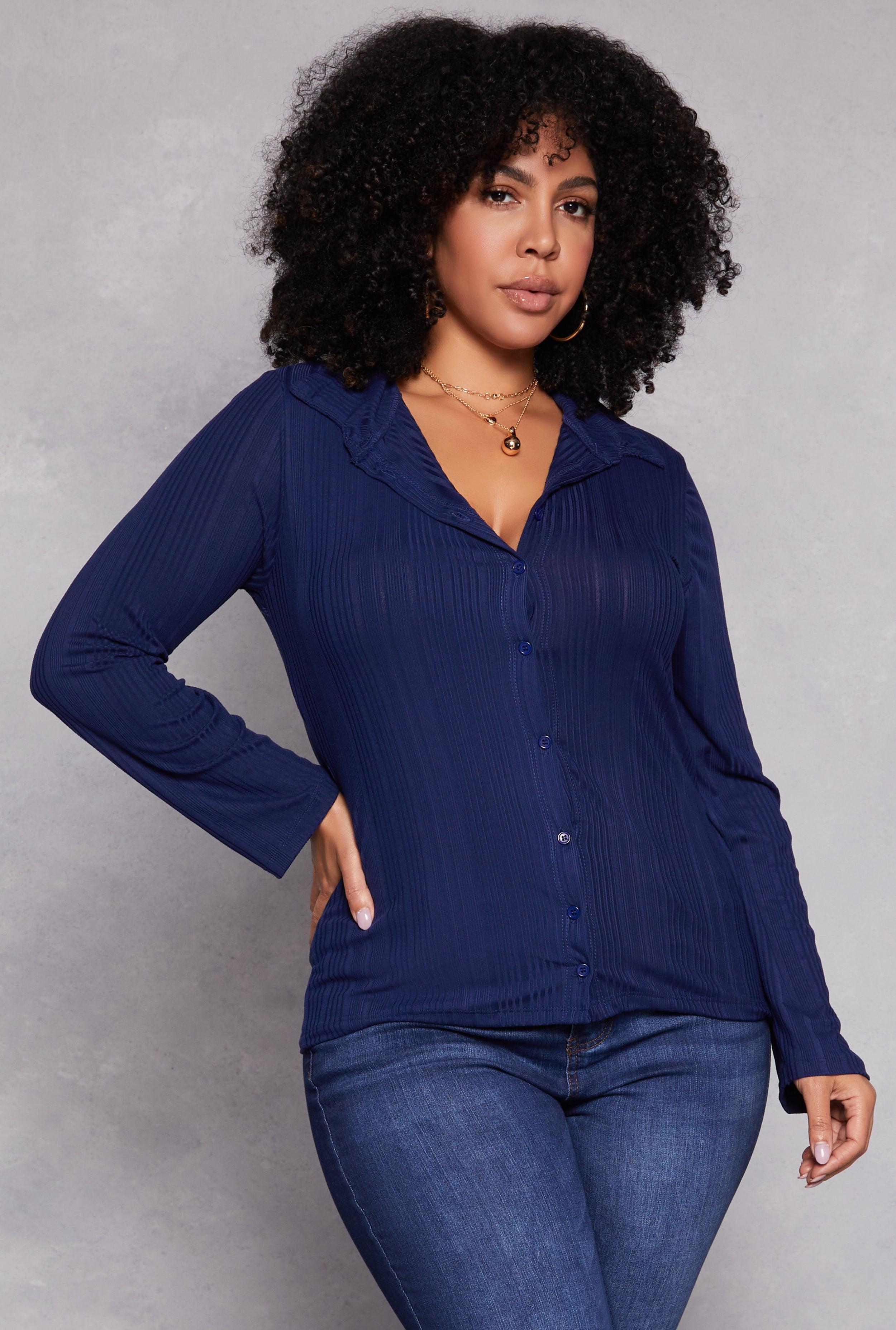 Womens Plus Size Ribbed Knit Button Front Top Product Image