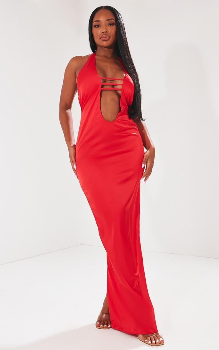 Shape Red Satin Plunge Front Halterneck Maxi Dress Product Image