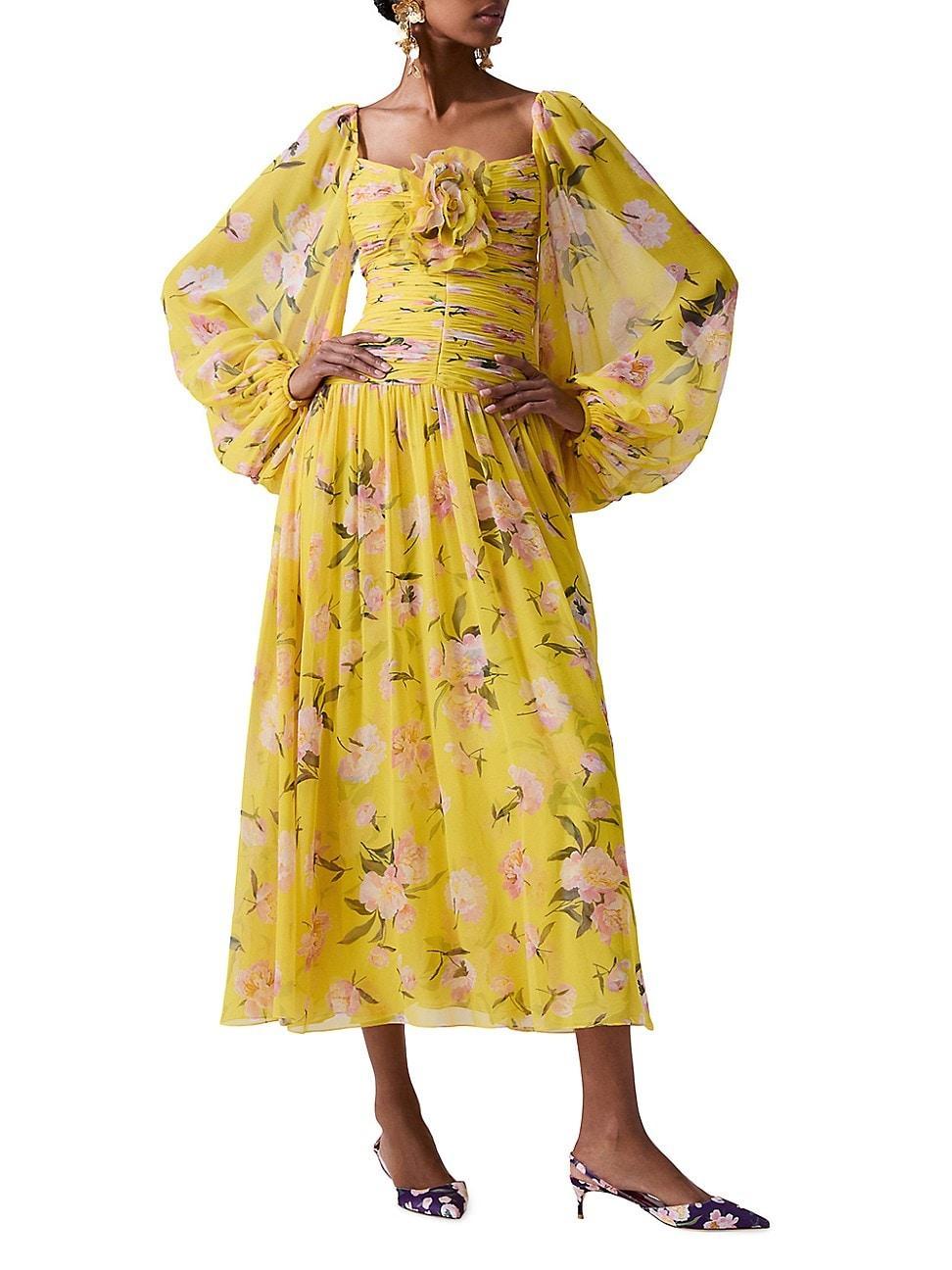 Womens Floral Silk Puff-Sleeve Midi-Dress Product Image