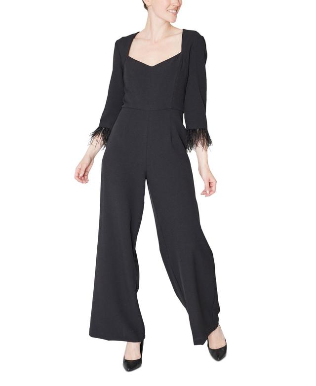 Julia Jordan Stretch Crepe Sweetheart Neck 34 Sleeve Feather Trim Jumpsuit Product Image