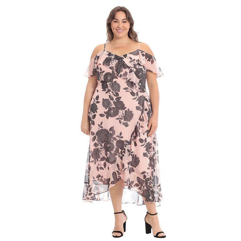 London Times Plus Size Printed Cold-Shoulder Ruffled Dress - Blush Product Image