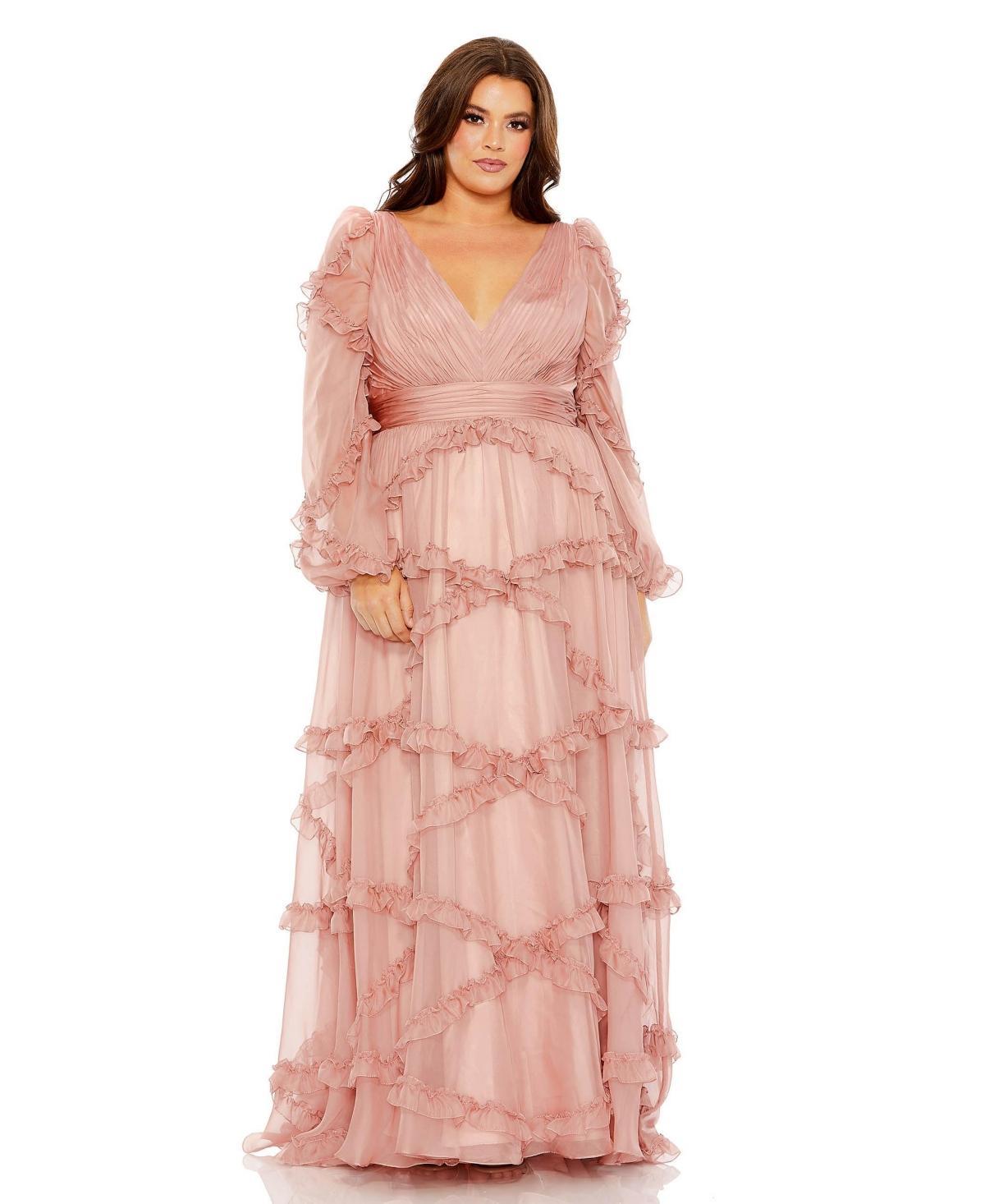 Womens Plus Size V-Neck Ruffled Puff-Sleeved Gown Product Image