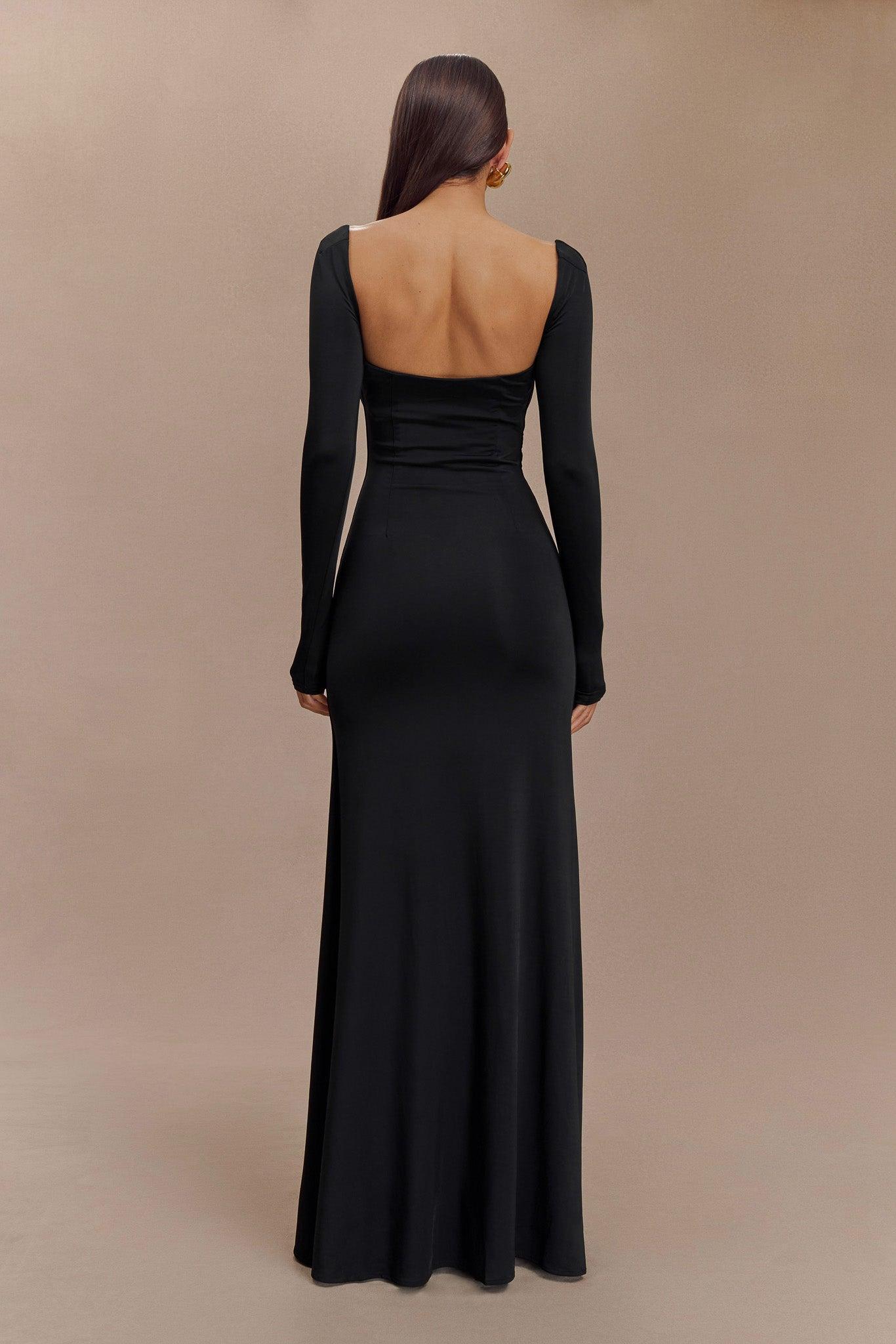 Desirie Slinky Long Sleeve Maxi Dress With Split - Black Product Image