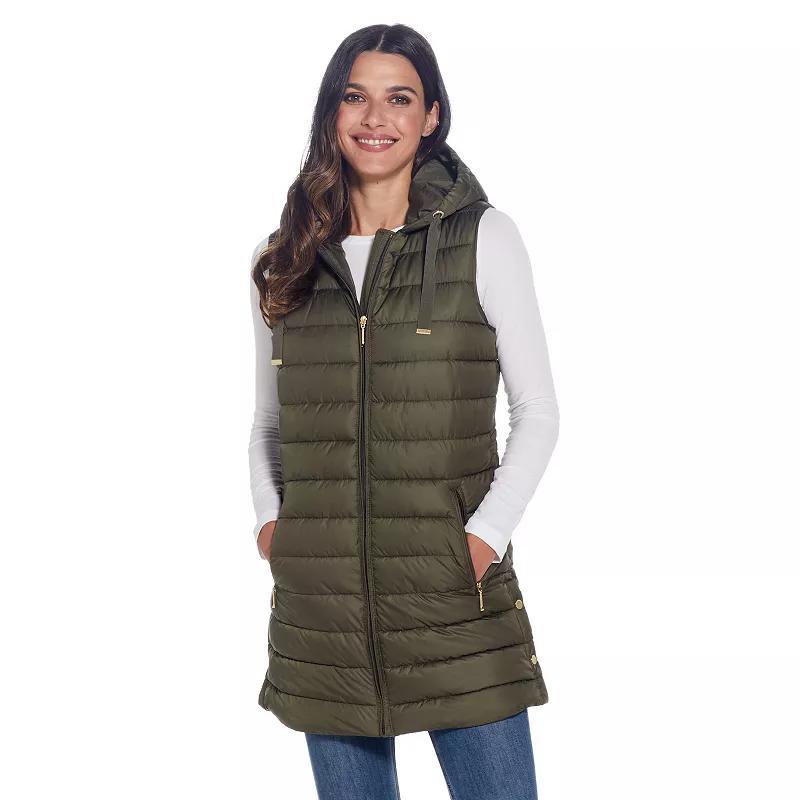 Plus Size Weathercast Hooded Quilted Long Vest, Womens Dusty Green Product Image