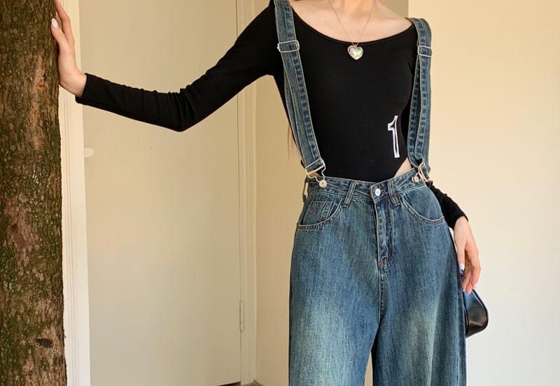 High Waist Cutout Washed Wide Leg Suspender Jeans Product Image