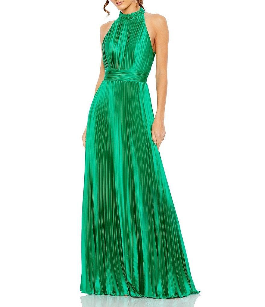 Mac Duggal Satin Pleated Halter Neck Sleeveless A-Line Dress Product Image