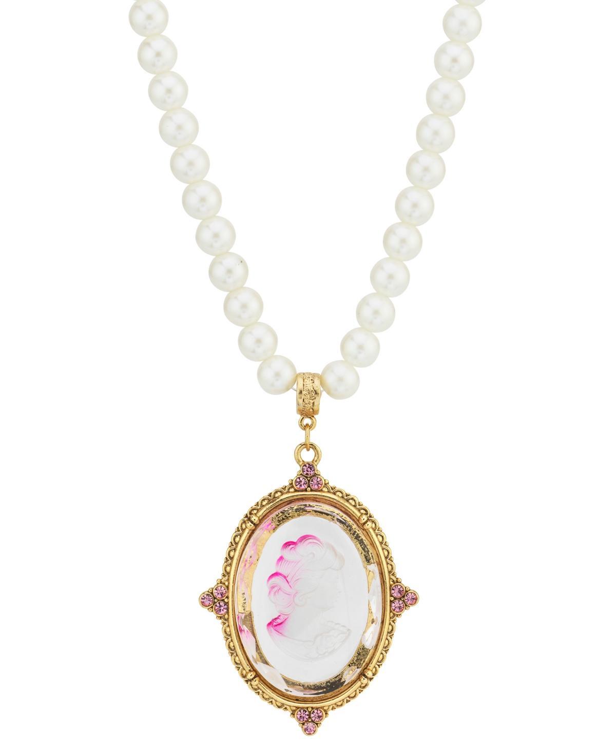 1928 Gold Tone Simulated Pearl & Pink Intaglio Cameo Pendant Necklace, Womens Product Image